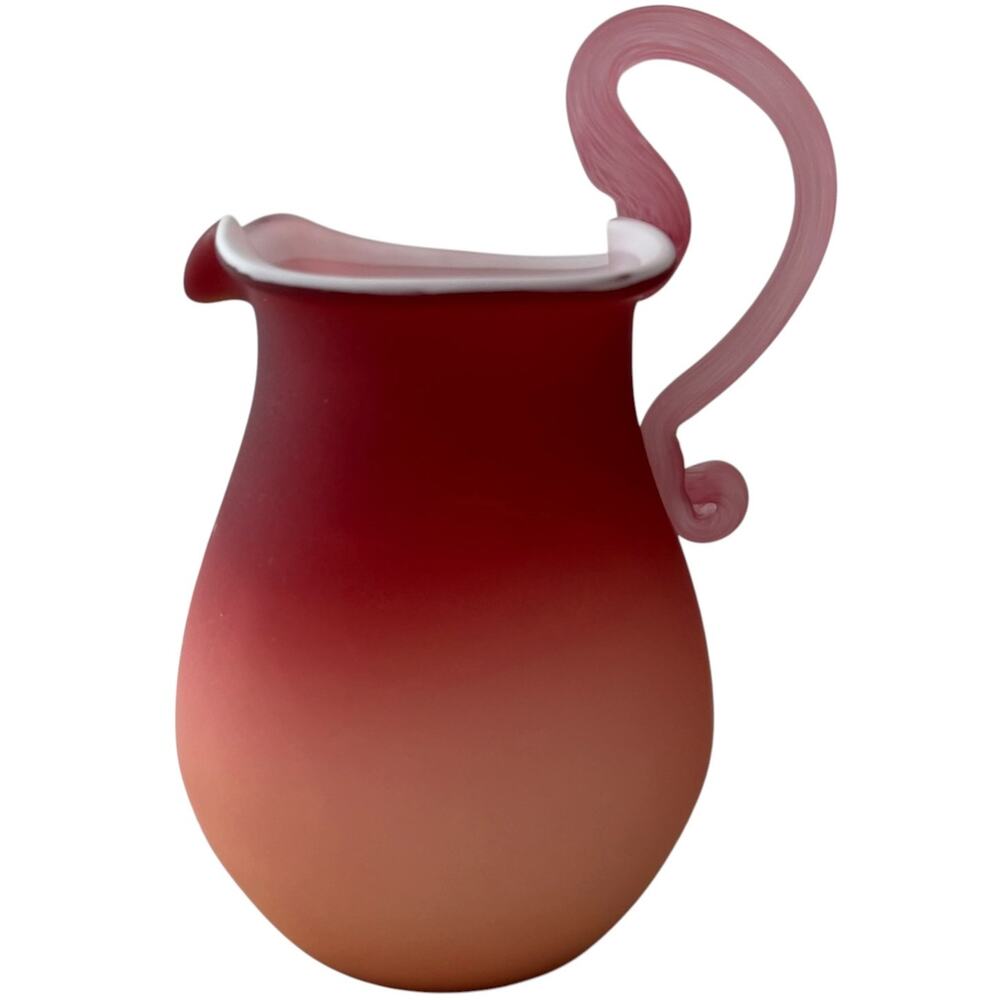 Vintage Peachblow-Style Satin Cased Glass Creamer Pitcher Applied Handle 5.25"
